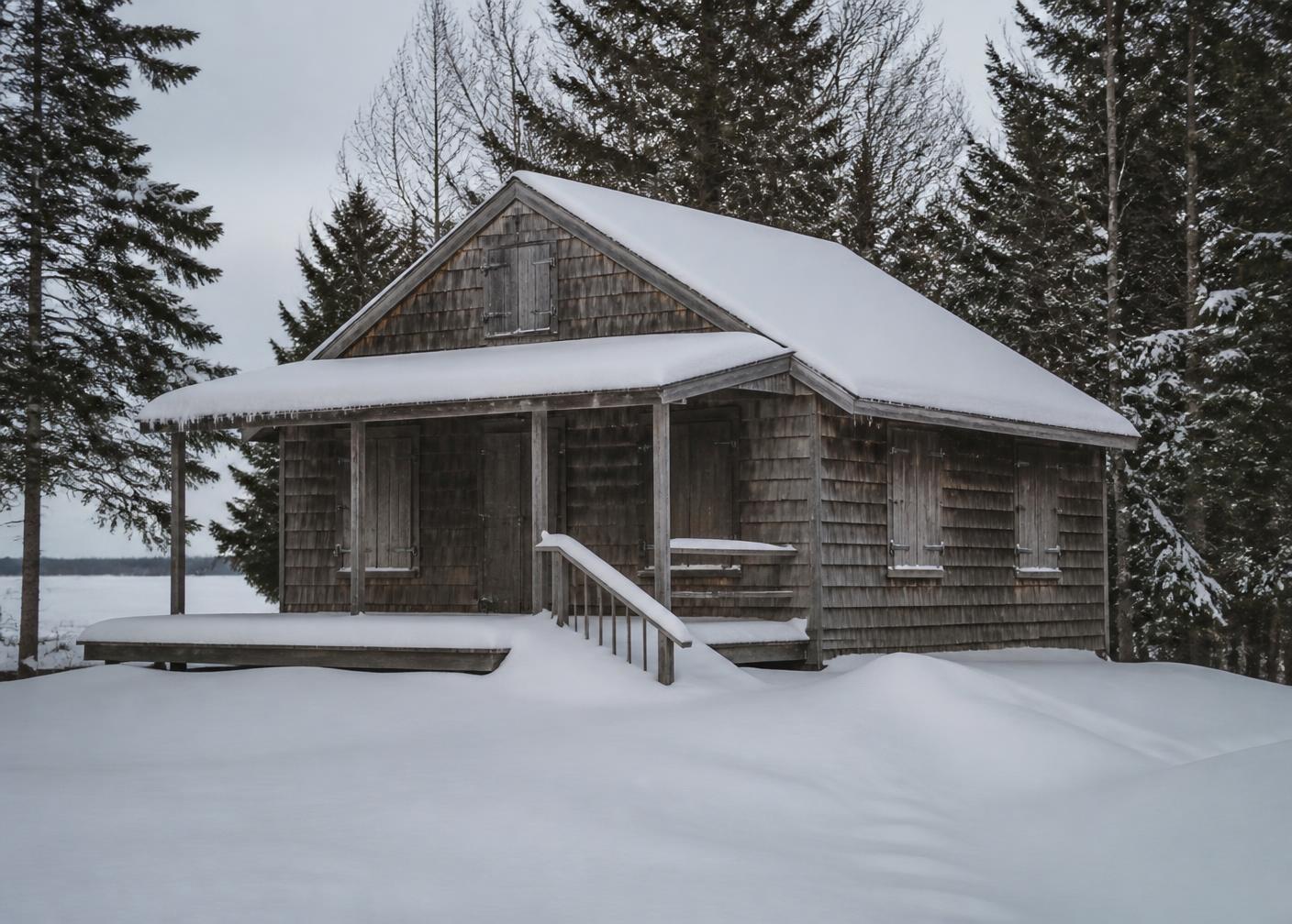 A shuttered cedar cottage buried in snow on a grey winter afternoon
